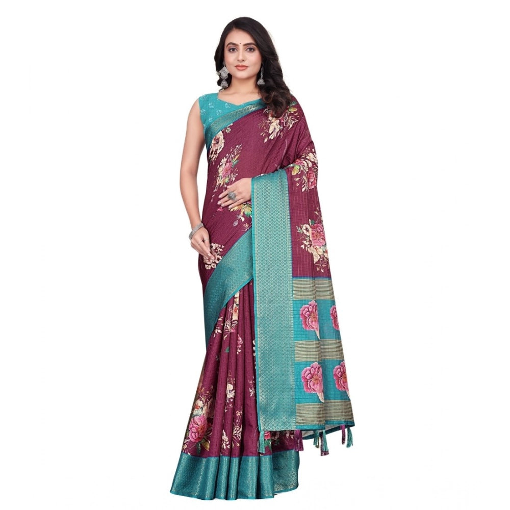 Amfyn Women's Cotton Blend Floral Printed Saree With Unstitched Blouse 5.5Mtr (Maroon)