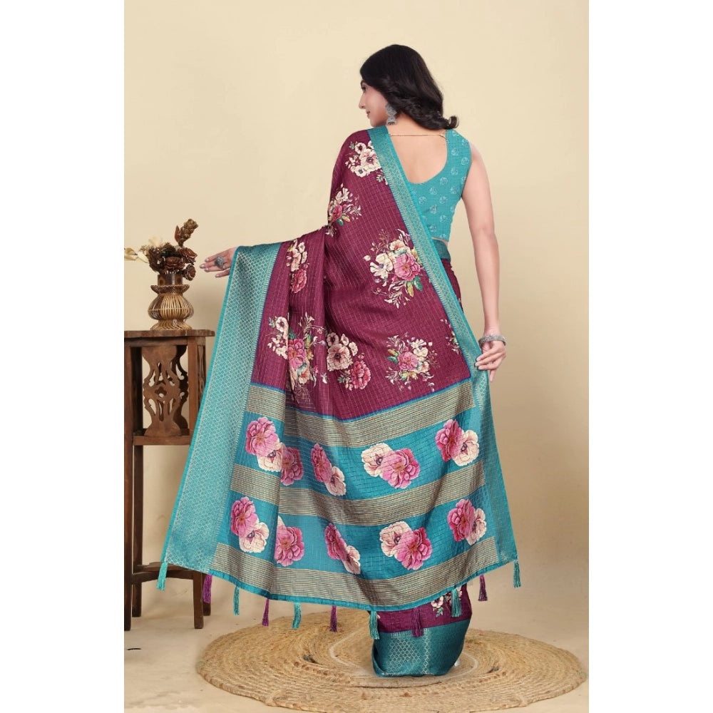 Amfyn Women's Cotton Blend Floral Printed Saree With Unstitched Blouse 5.5Mtr (Maroon)