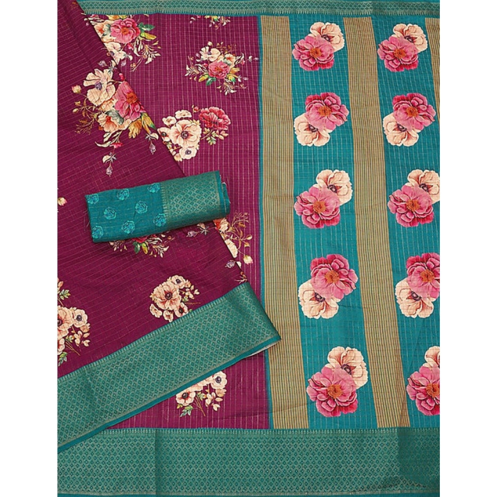 Amfyn Women's Cotton Blend Floral Printed Saree With Unstitched Blouse 5.5Mtr (Maroon)