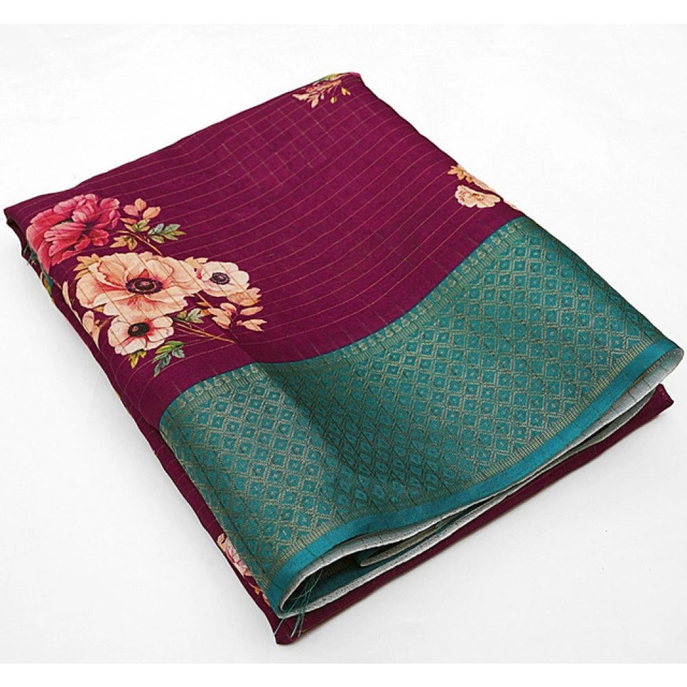 Amfyn Women's Cotton Blend Floral Printed Saree With Unstitched Blouse 5.5Mtr (Maroon)