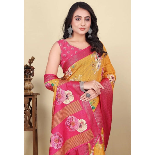 Amfyn Women's Cotton Blend Floral Printed Saree With Unstitched Blouse 5.5Mtr (Yellow)