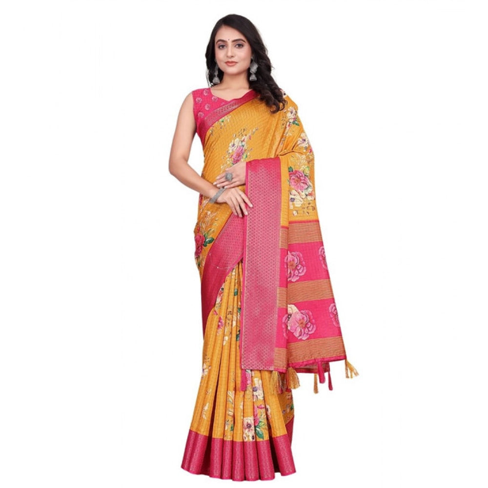 Amfyn Women's Cotton Blend Floral Printed Saree With Unstitched Blouse 5.5Mtr (Yellow)