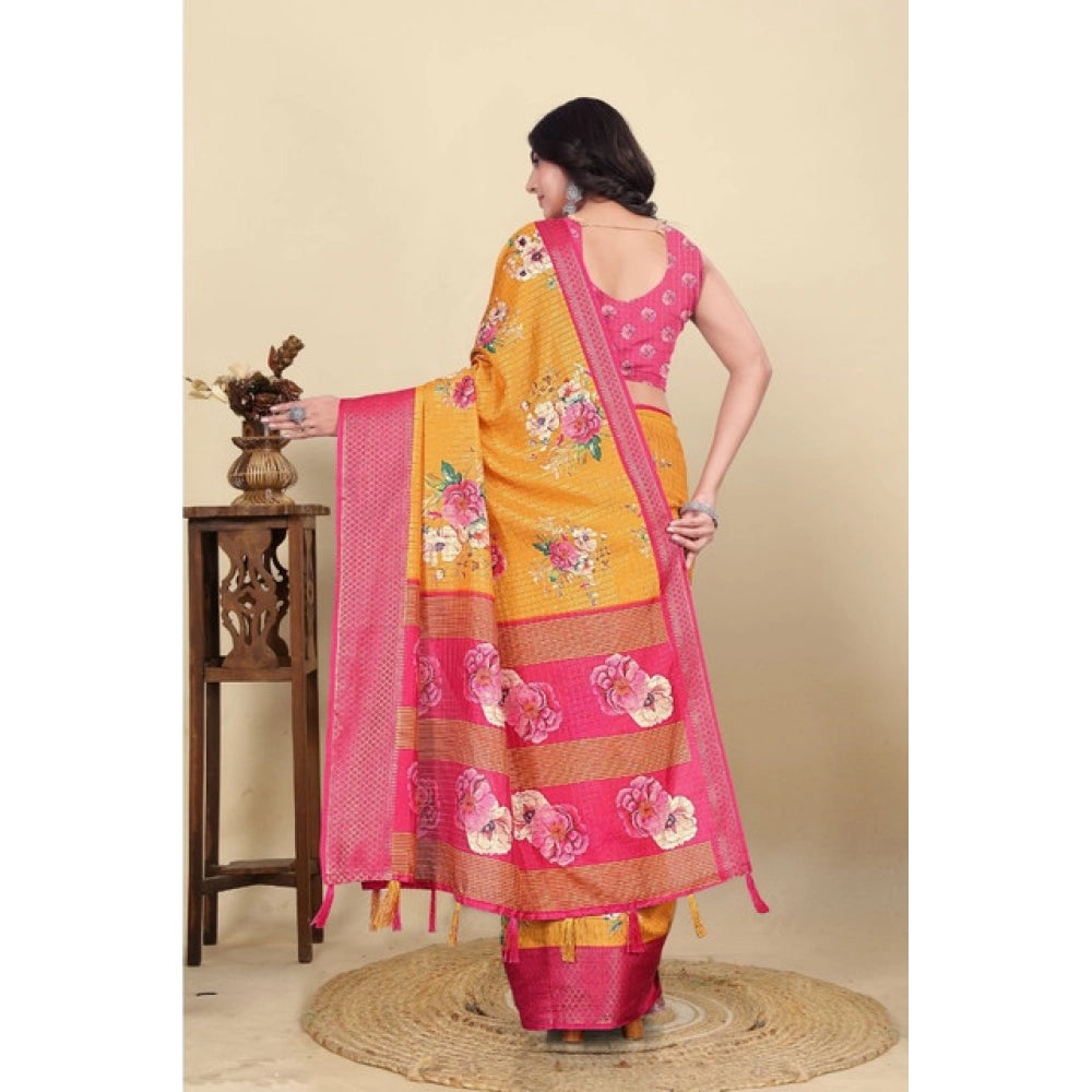 Amfyn Women's Cotton Blend Floral Printed Saree With Unstitched Blouse 5.5Mtr (Yellow)