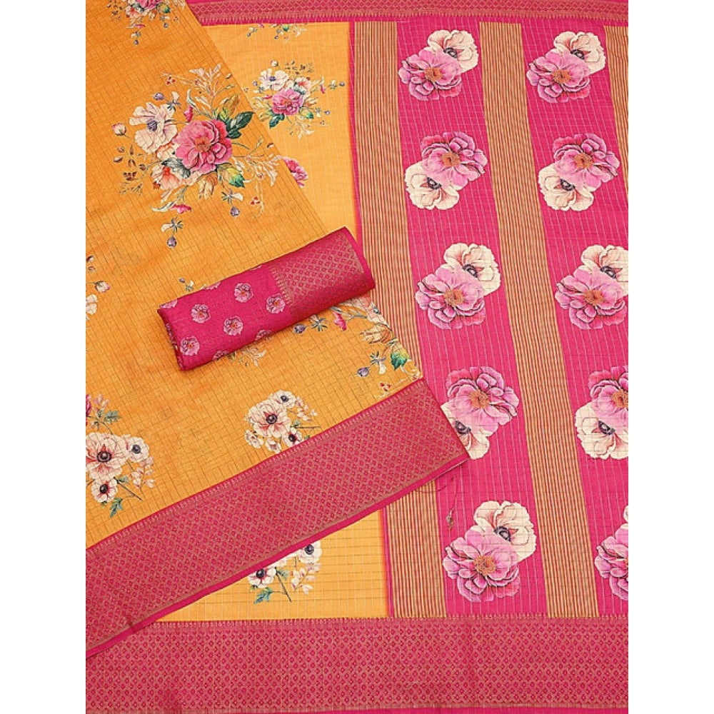 Amfyn Women's Cotton Blend Floral Printed Saree With Unstitched Blouse 5.5Mtr (Yellow)