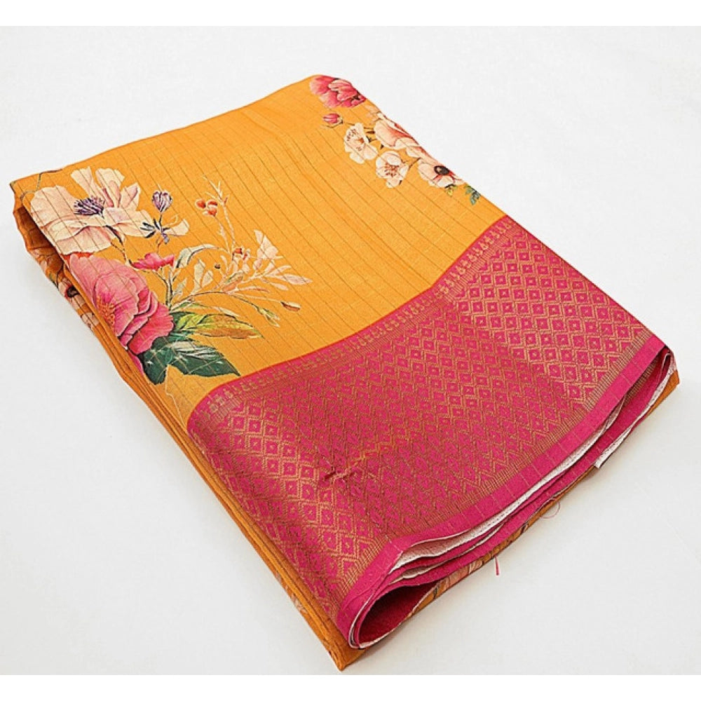 Amfyn Women's Cotton Blend Floral Printed Saree With Unstitched Blouse 5.5Mtr (Yellow)