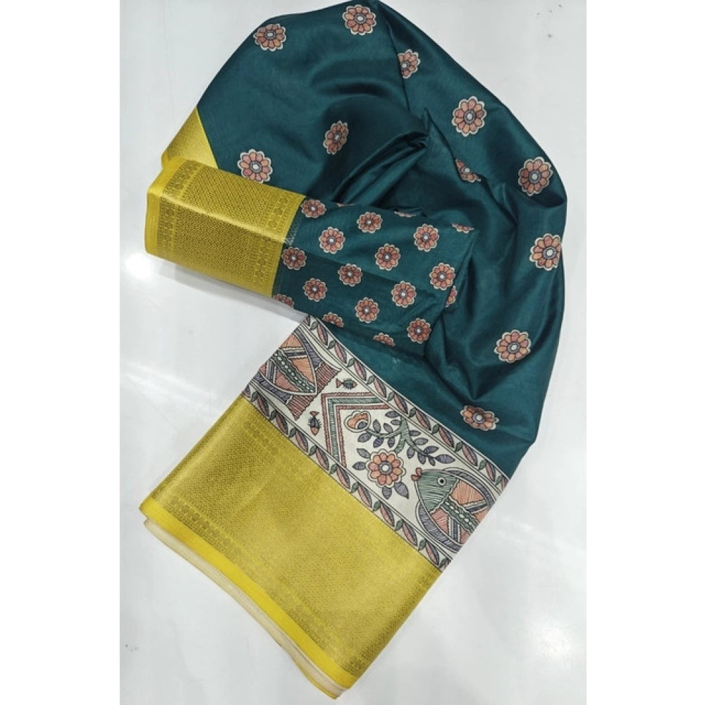 Amfyn Women's Cotton Silk Printed Saree With Unstitched Blouse 5.5Mtr (Green)