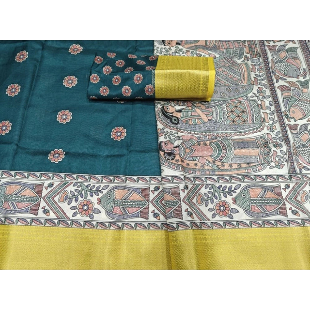 Amfyn Women's Cotton Silk Printed Saree With Unstitched Blouse 5.5Mtr (Green)