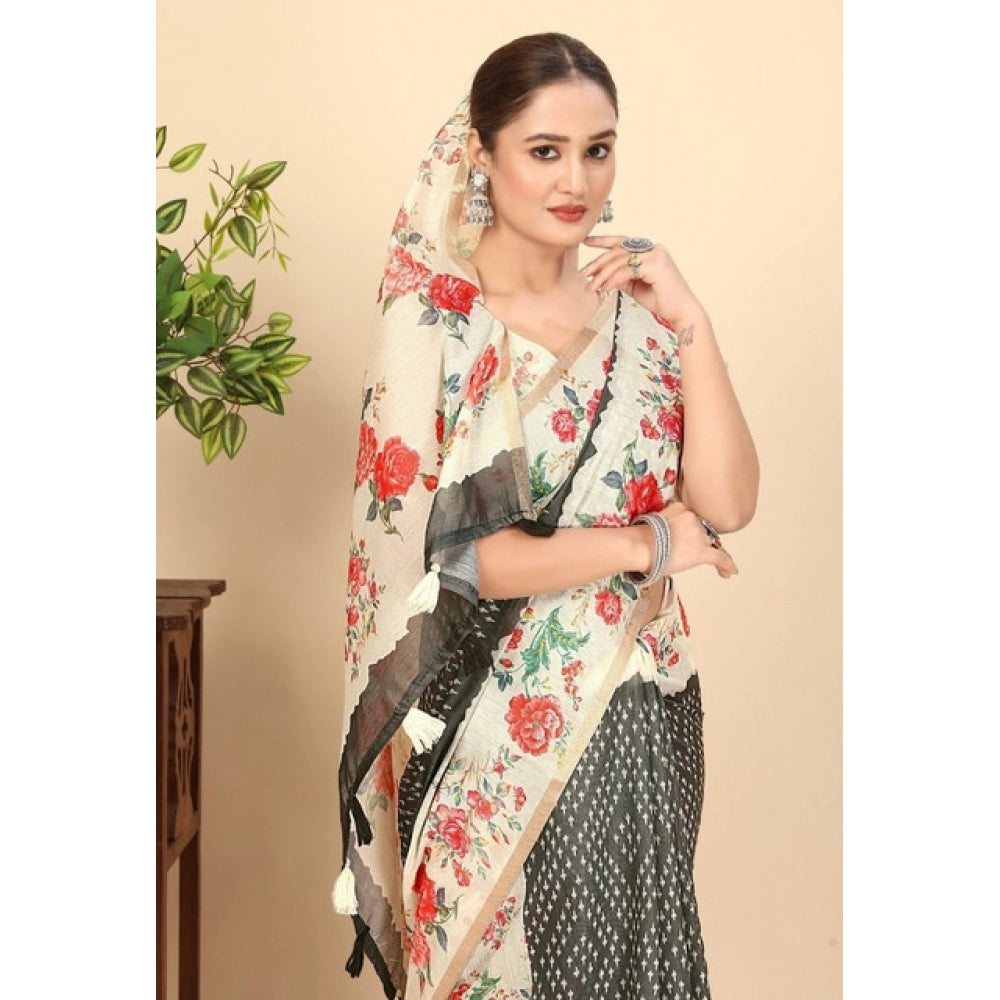 Amfyn Women's Chanderi Floral Printed Saree With Unstitched Blouse 5.5Mtr (Black)