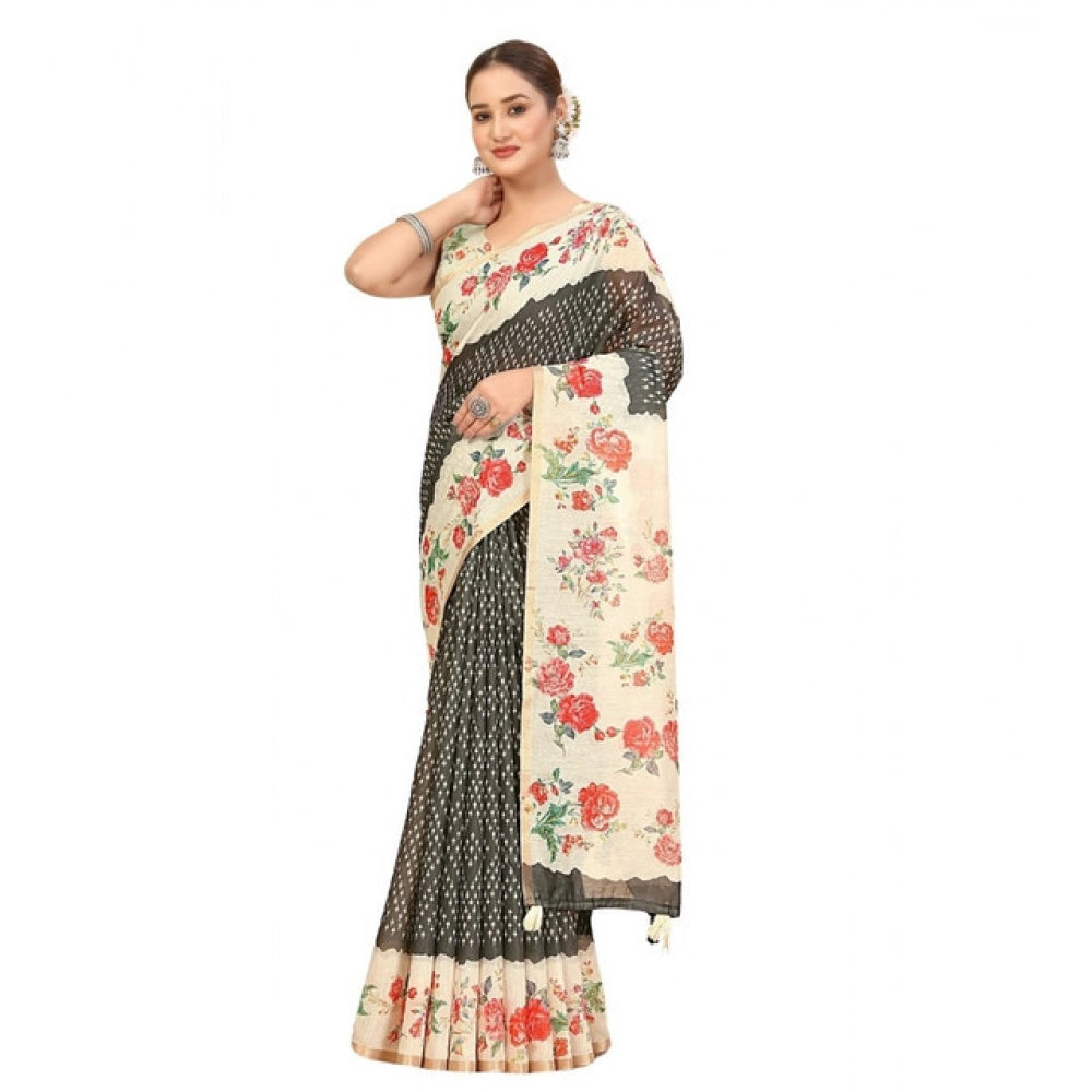 Amfyn Women's Chanderi Floral Printed Saree With Unstitched Blouse 5.5Mtr (Black)
