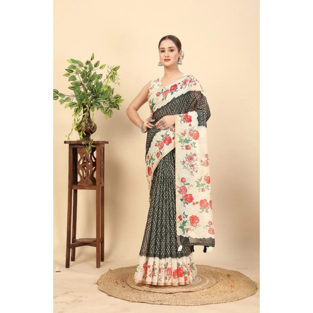 Amfyn Women's Chanderi Floral Printed Saree With Unstitched Blouse 5.5Mtr (Black)