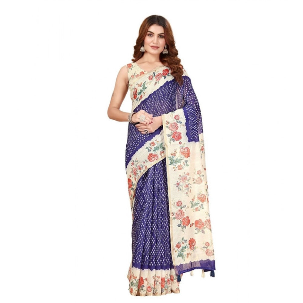 Amfyn Women's Cotton Silk Floral Printed Saree With Unstitched Blouse 5.5Mtr (Blue)
