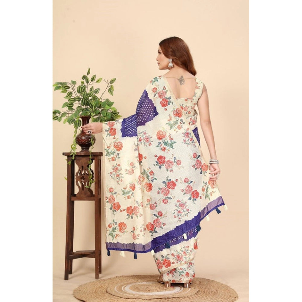 Amfyn Women's Cotton Silk Floral Printed Saree With Unstitched Blouse 5.5Mtr (Blue)