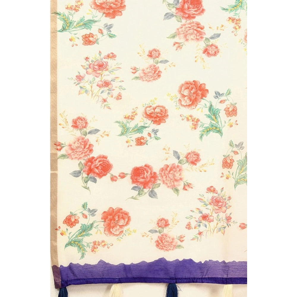 Amfyn Women's Cotton Silk Floral Printed Saree With Unstitched Blouse 5.5Mtr (Blue)