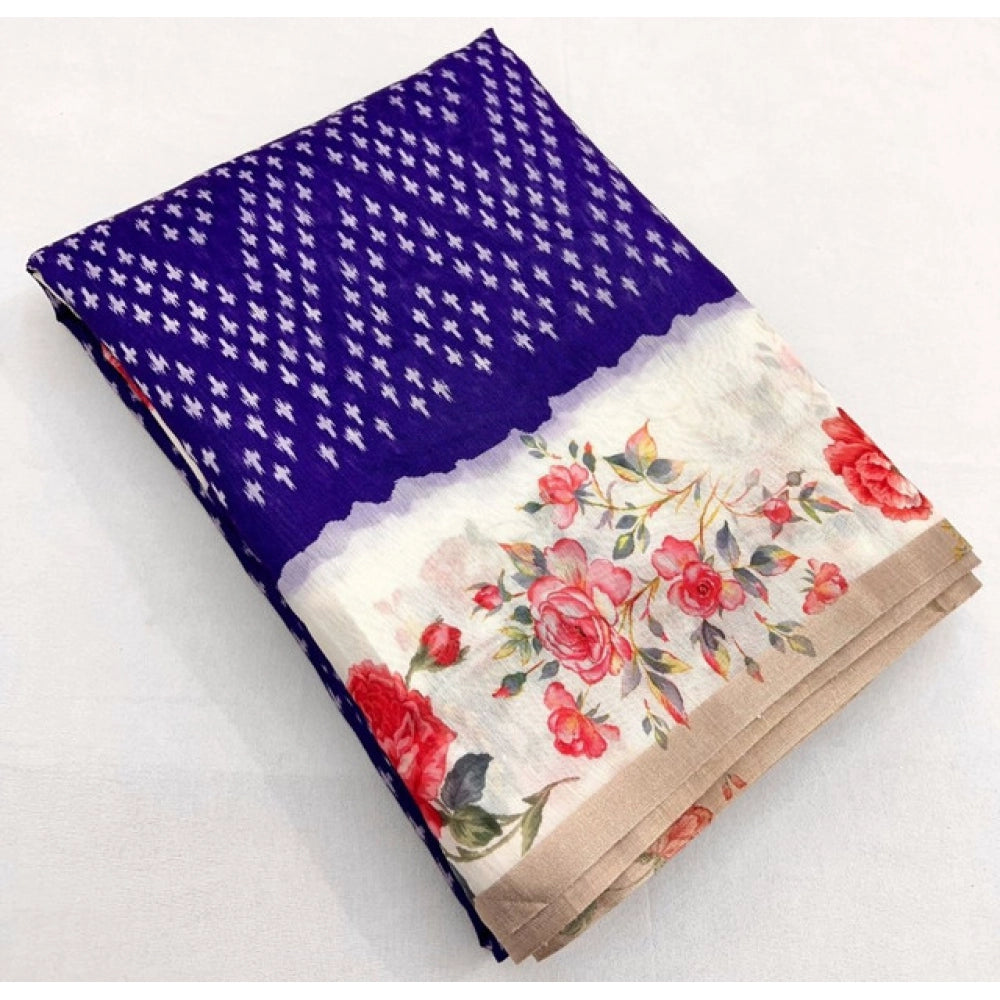 Amfyn Women's Cotton Silk Floral Printed Saree With Unstitched Blouse 5.5Mtr (Blue)