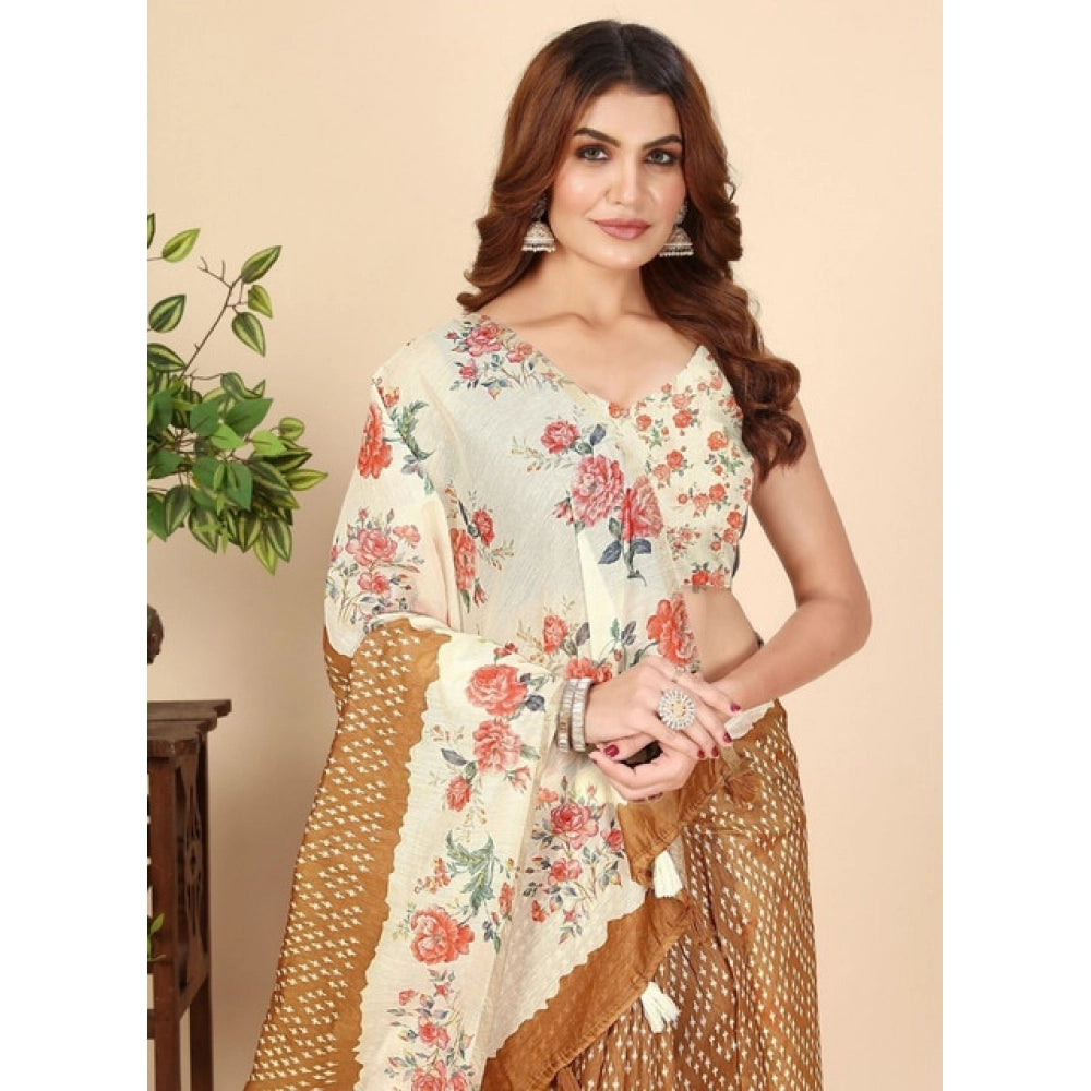 Amfyn Women's Cotton Silk Floral Printed Saree With Unstitched Blouse 5.5Mtr (Brown)