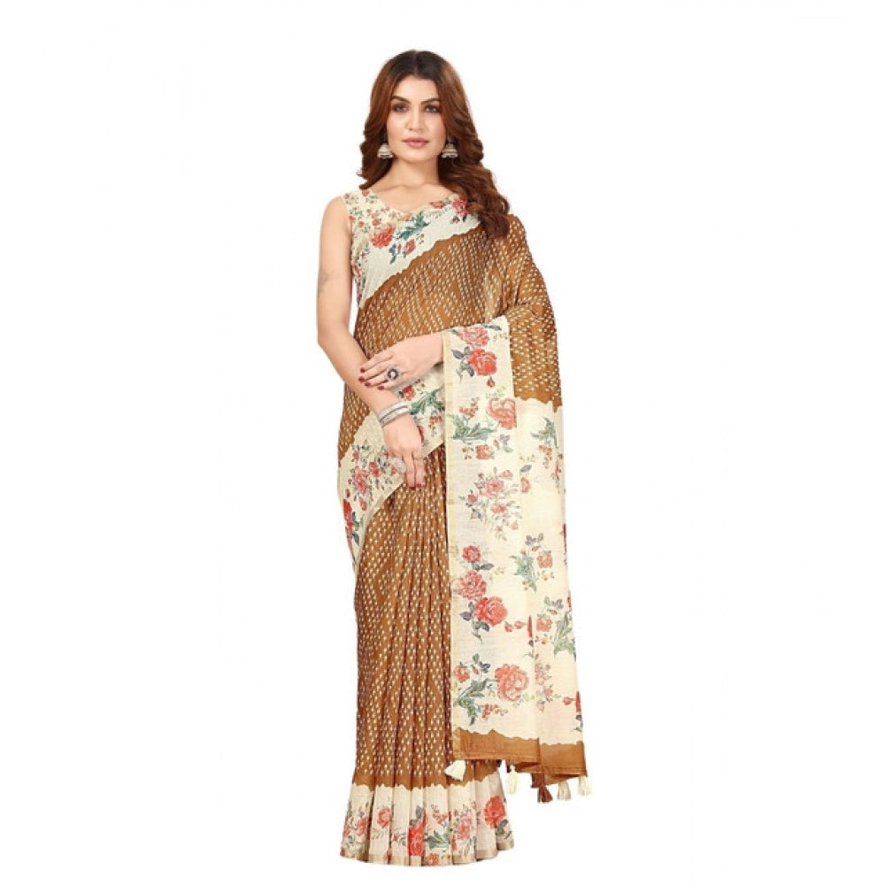 Amfyn Women's Cotton Silk Floral Printed Saree With Unstitched Blouse 5.5Mtr (Brown)