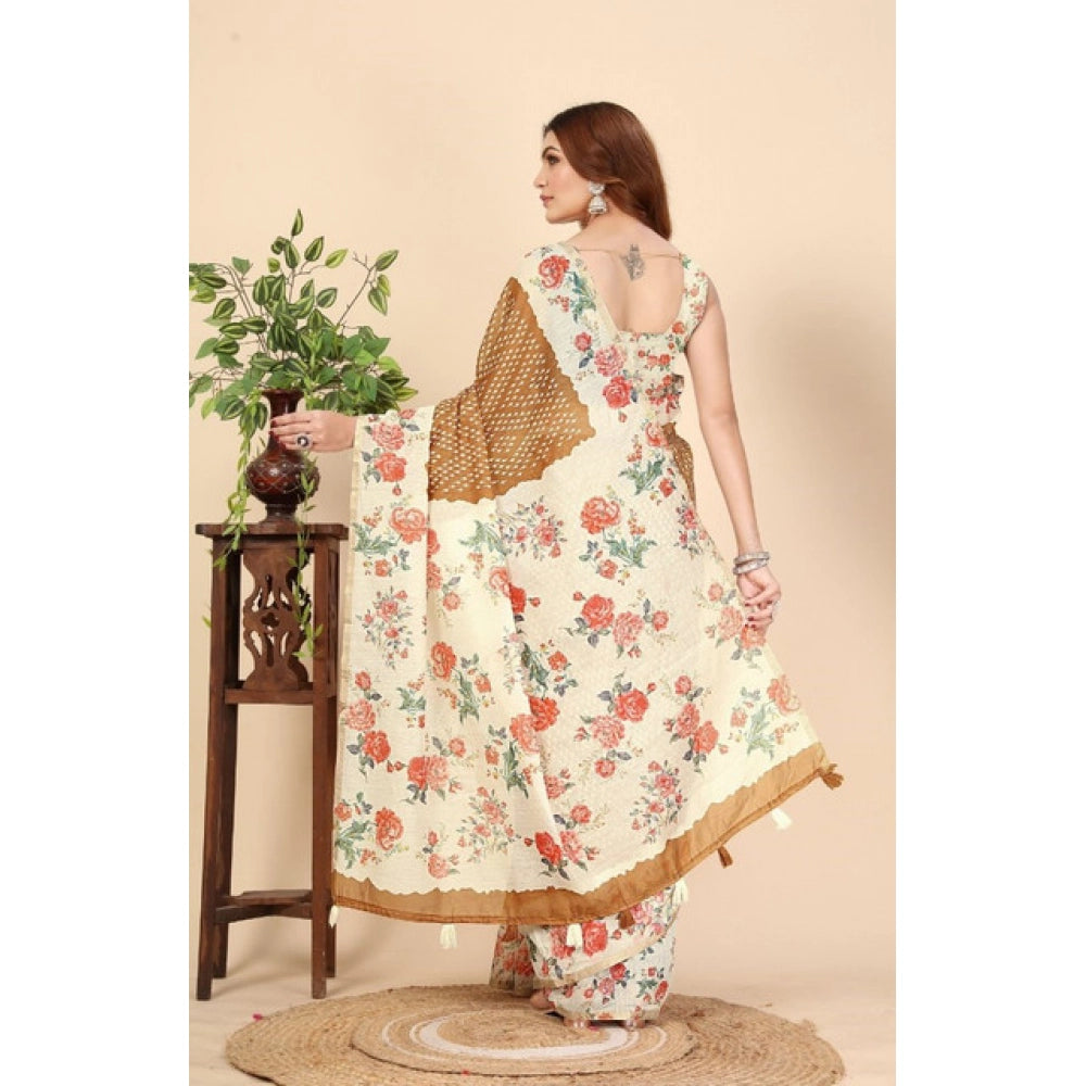Amfyn Women's Cotton Silk Floral Printed Saree With Unstitched Blouse 5.5Mtr (Brown)
