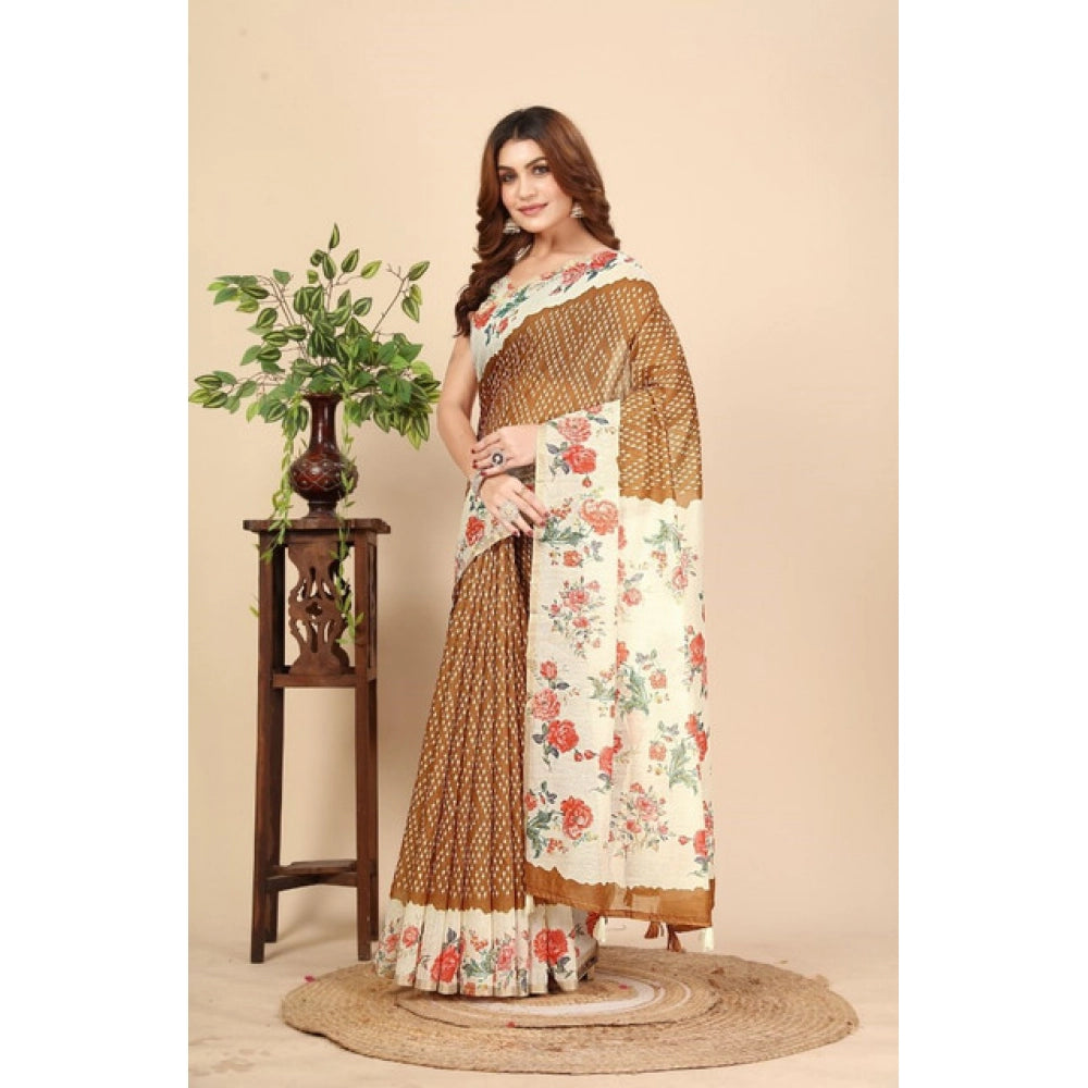 Amfyn Women's Cotton Silk Floral Printed Saree With Unstitched Blouse 5.5Mtr (Brown)