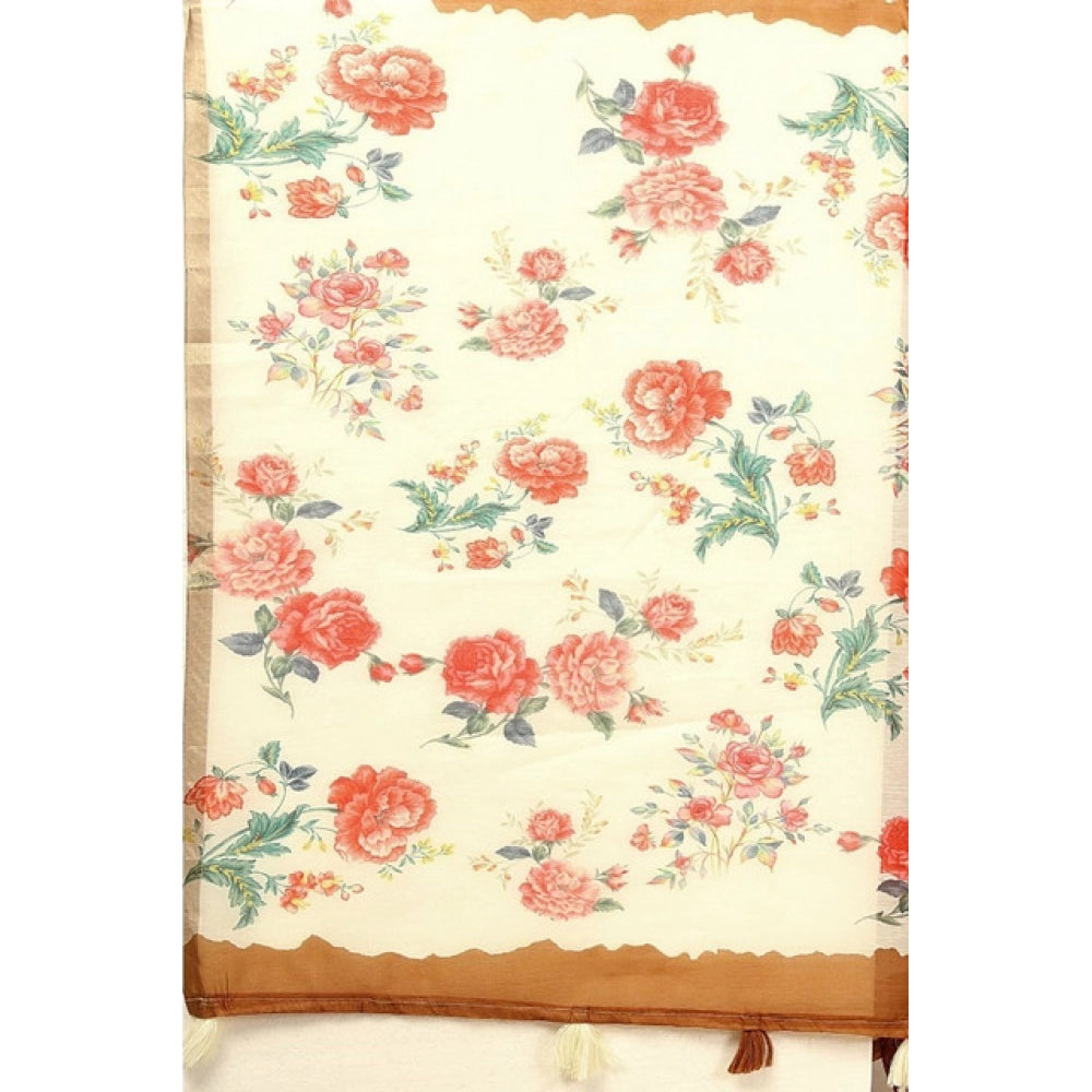 Amfyn Women's Cotton Silk Floral Printed Saree With Unstitched Blouse 5.5Mtr (Brown)