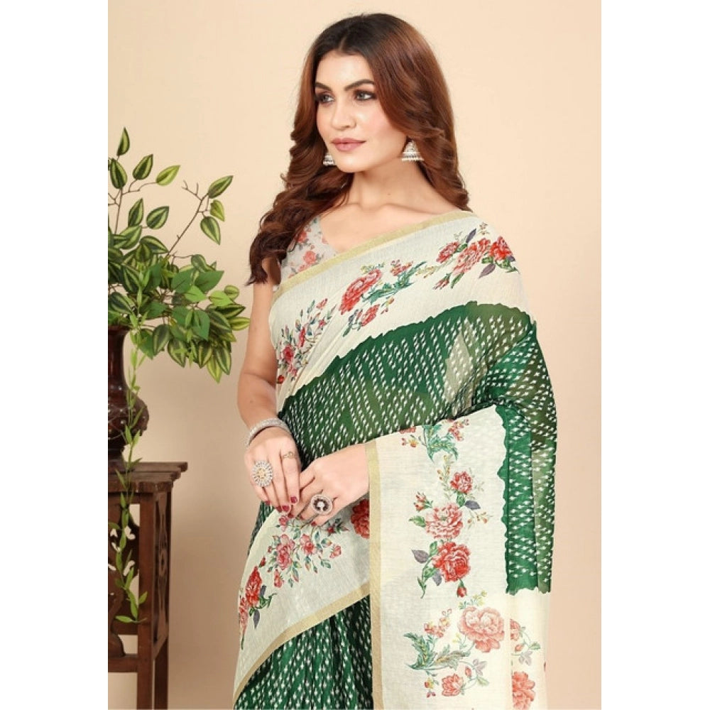 Amfyn Women's Chanderi Floral Printed Saree With Unstitched Blouse 5.5Mtr (Green)