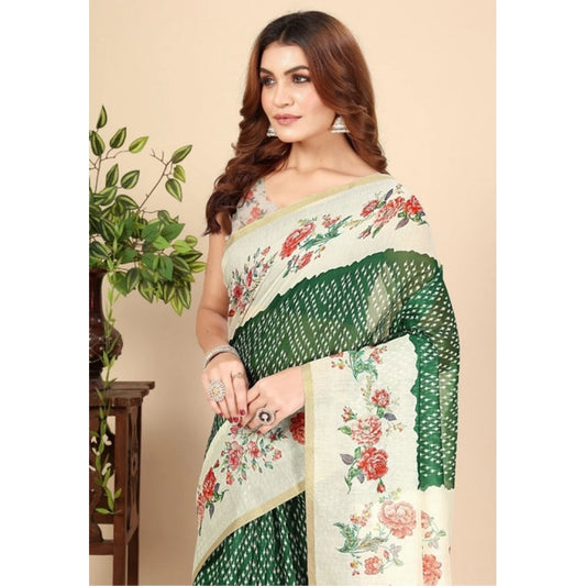 Amfyn Women's Chanderi Floral Printed Saree With Unstitched Blouse 5.5Mtr (Green)