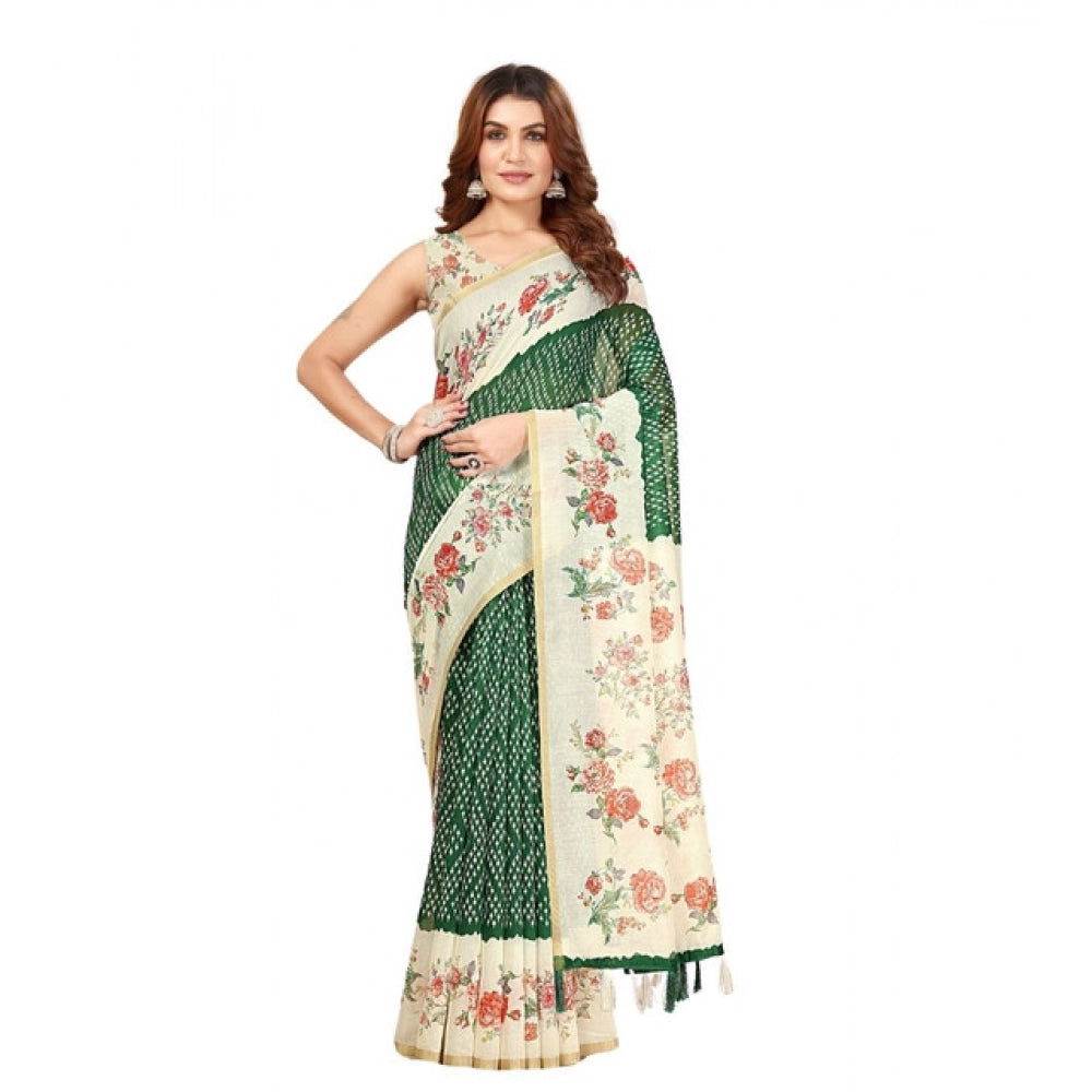 Amfyn Women's Chanderi Floral Printed Saree With Unstitched Blouse 5.5Mtr (Green)