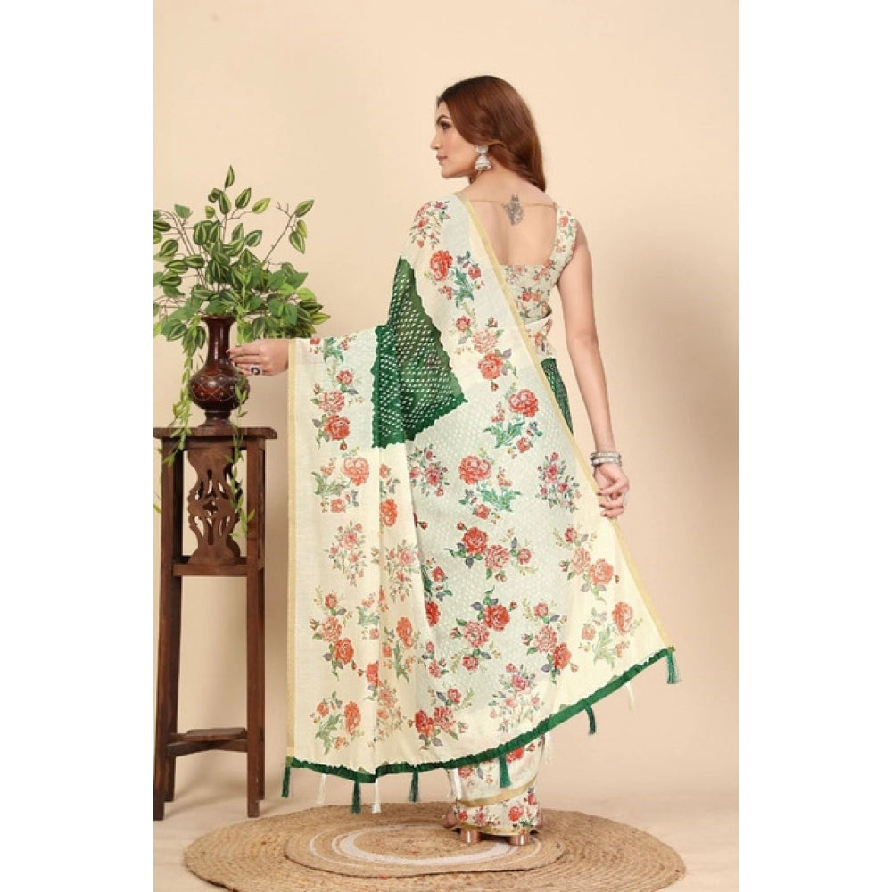 Amfyn Women's Chanderi Floral Printed Saree With Unstitched Blouse 5.5Mtr (Green)