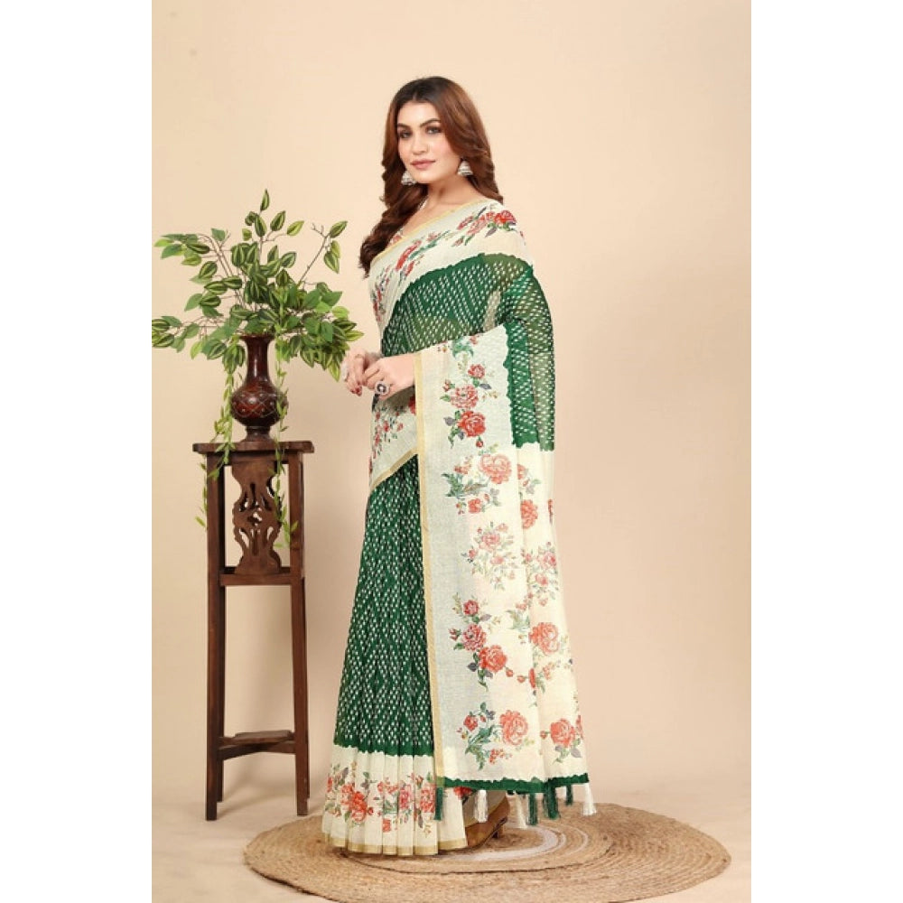 Amfyn Women's Chanderi Floral Printed Saree With Unstitched Blouse 5.5Mtr (Green)