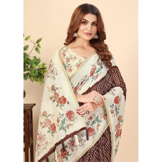 Amfyn Women's Chanderi Floral Printed Saree With Unstitched Blouse 5.5Mtr (Maroon)