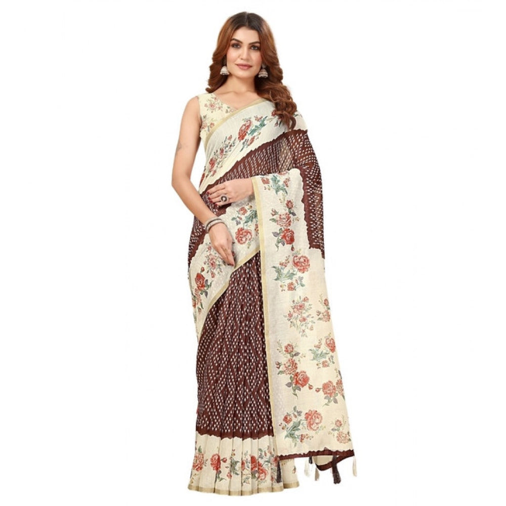 Amfyn Women's Chanderi Floral Printed Saree With Unstitched Blouse 5.5Mtr (Maroon)