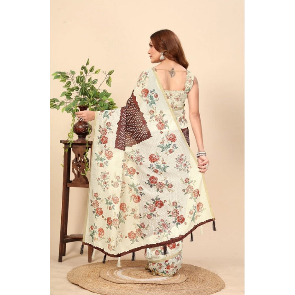 Amfyn Women's Chanderi Floral Printed Saree With Unstitched Blouse 5.5Mtr (Maroon)