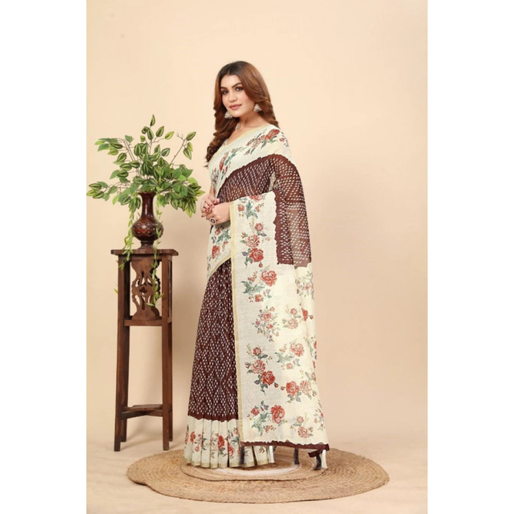Amfyn Women's Chanderi Floral Printed Saree With Unstitched Blouse 5.5Mtr (Maroon)