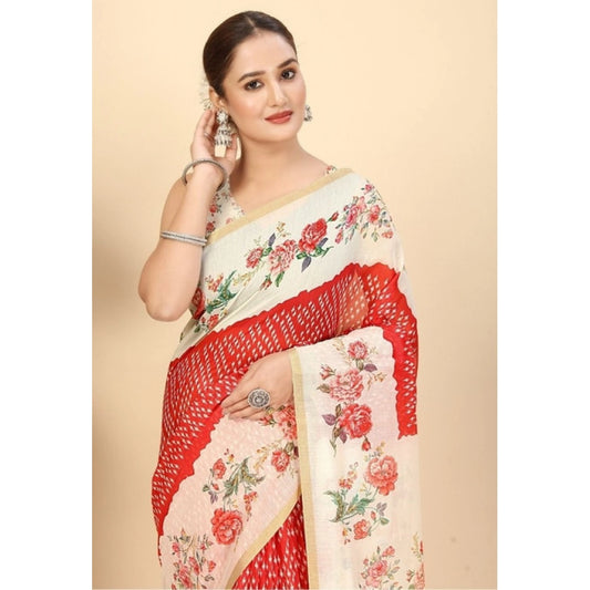 Amfyn Women's Chanderi Floral Printed Saree With Unstitched Blouse 5.5Mtr (Red)