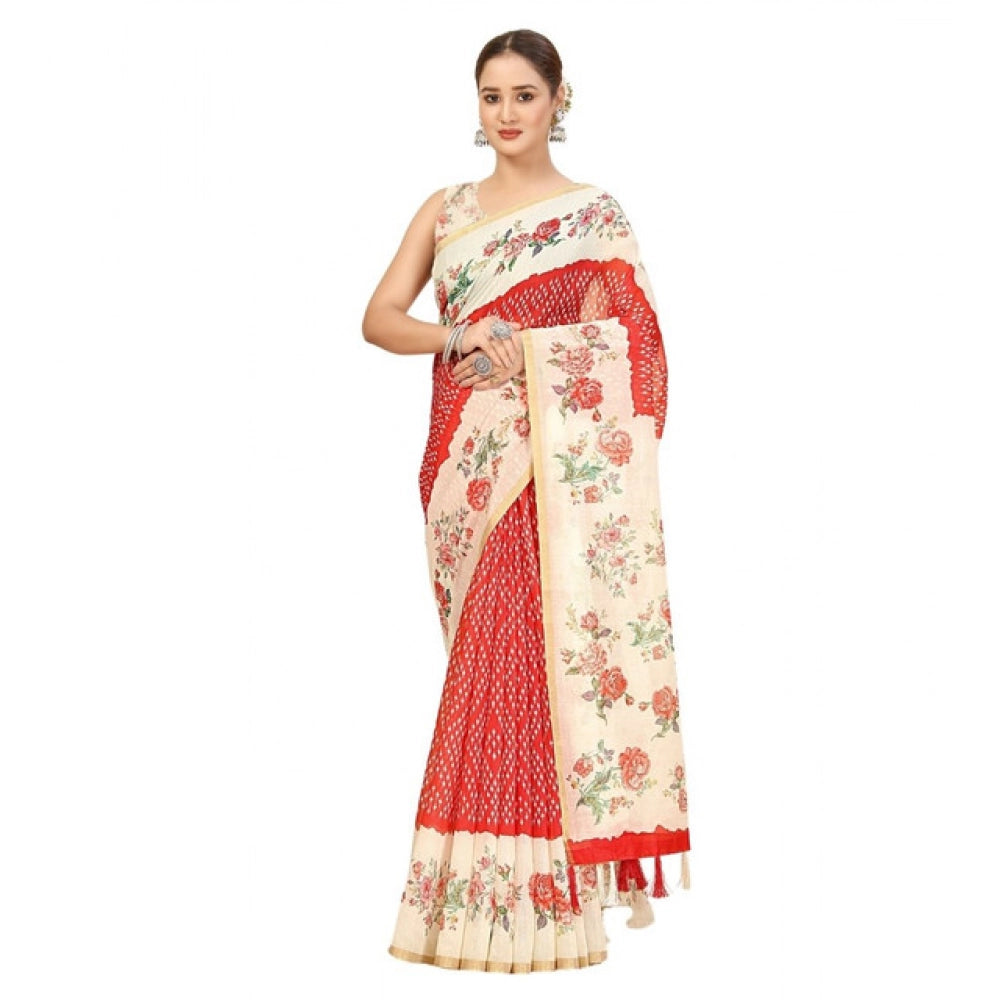 Amfyn Women's Chanderi Floral Printed Saree With Unstitched Blouse 5.5Mtr (Red)