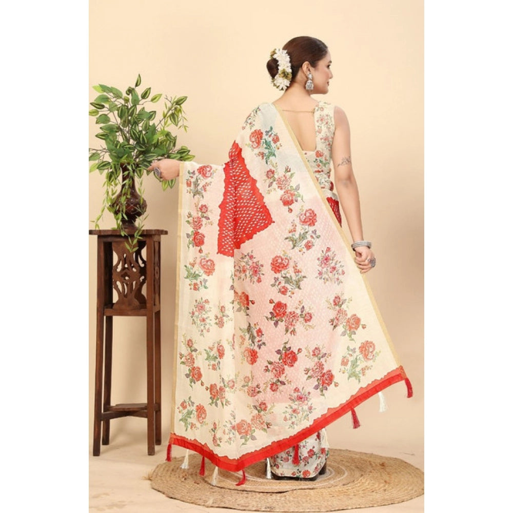 Amfyn Women's Chanderi Floral Printed Saree With Unstitched Blouse 5.5Mtr (Red)
