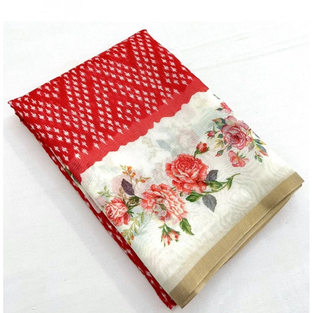 Amfyn Women's Chanderi Floral Printed Saree With Unstitched Blouse 5.5Mtr (Red)