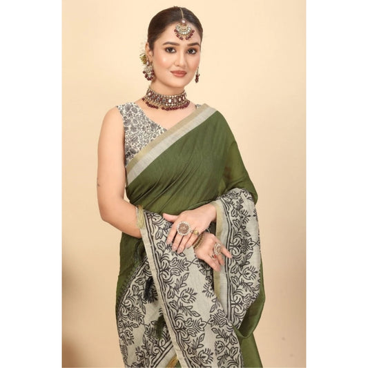 Amfyn Women's Chanderi Printed Saree With Unstitched Blouse 5.5Mtr (Green)