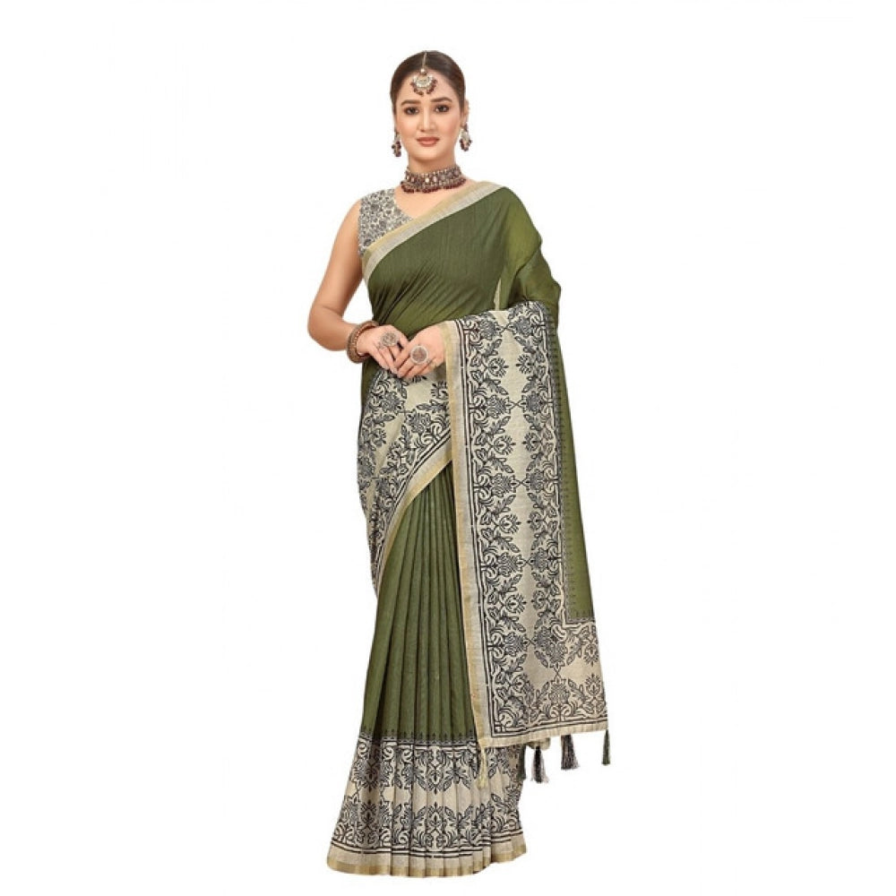 Amfyn Women's Chanderi Printed Saree With Unstitched Blouse 5.5Mtr (Green)