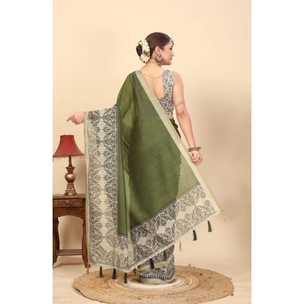 Amfyn Women's Chanderi Printed Saree With Unstitched Blouse 5.5Mtr (Green)