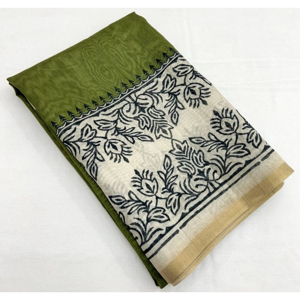 Amfyn Women's Chanderi Printed Saree With Unstitched Blouse 5.5Mtr (Green)