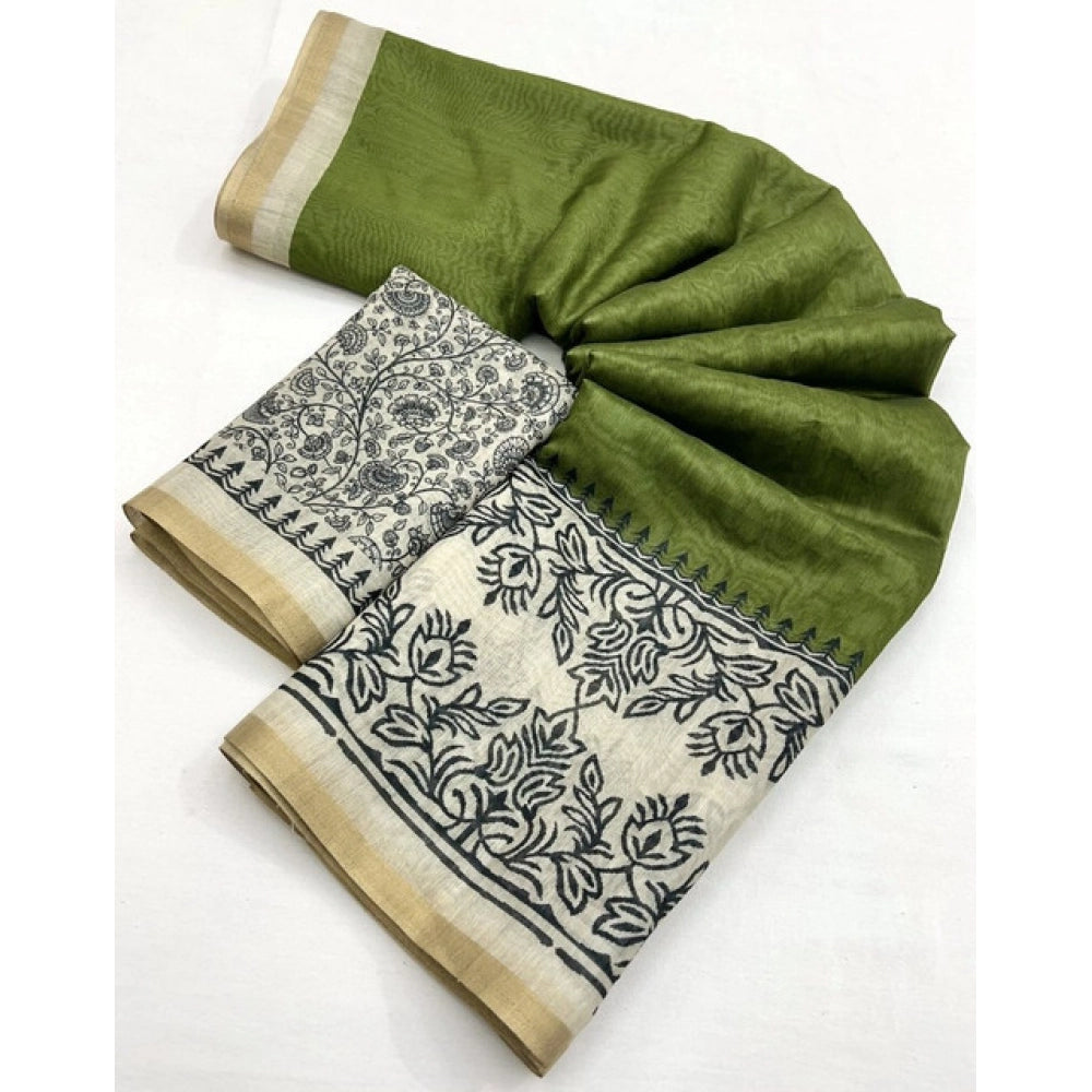 Amfyn Women's Chanderi Printed Saree With Unstitched Blouse 5.5Mtr (Green)