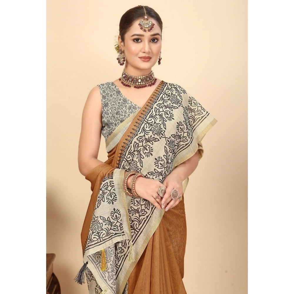 Amfyn Women's Chanderi Printed Saree With Unstitched Blouse 5.5Mtr (Brown)
