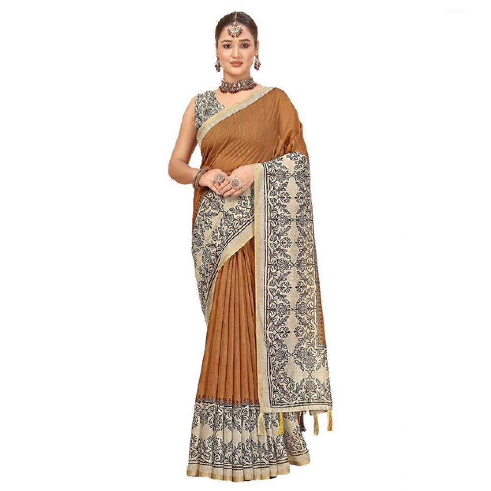Amfyn Women's Chanderi Printed Saree With Unstitched Blouse 5.5Mtr (Brown)