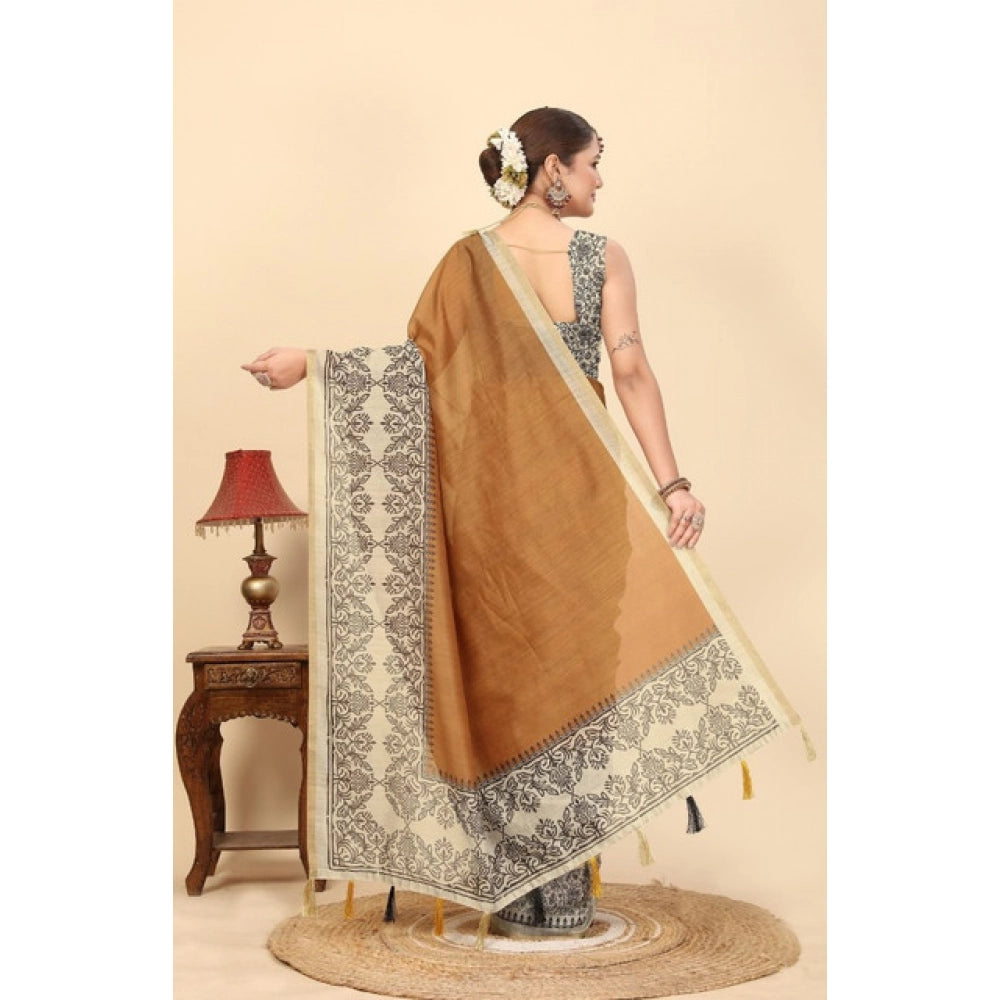Amfyn Women's Chanderi Printed Saree With Unstitched Blouse 5.5Mtr (Brown)