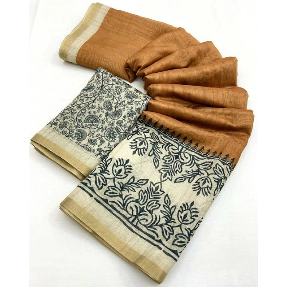 Amfyn Women's Chanderi Printed Saree With Unstitched Blouse 5.5Mtr (Brown)