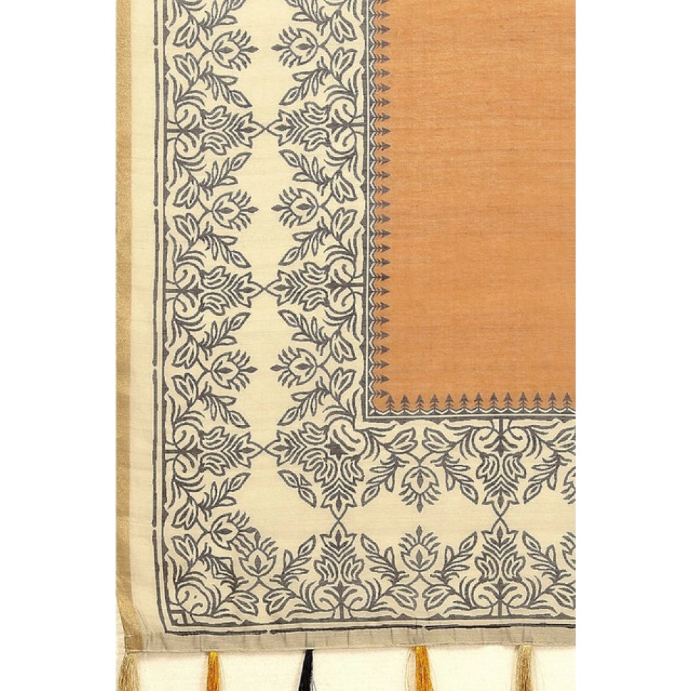 Amfyn Women's Chanderi Printed Saree With Unstitched Blouse 5.5Mtr (Brown)