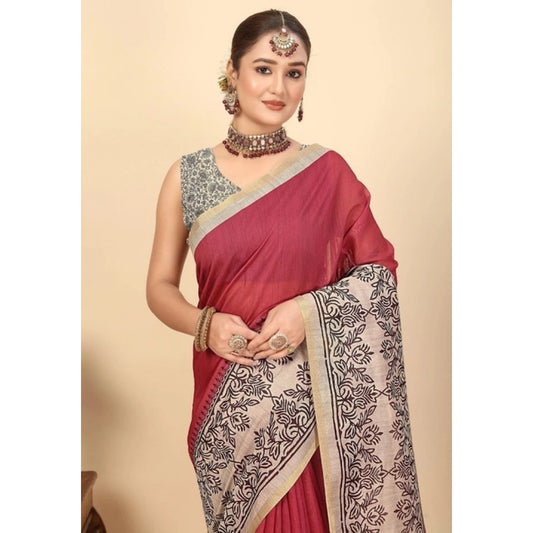Amfyn Women's Chanderi Printed Saree With Unstitched Blouse 5.5Mtr (Pink)