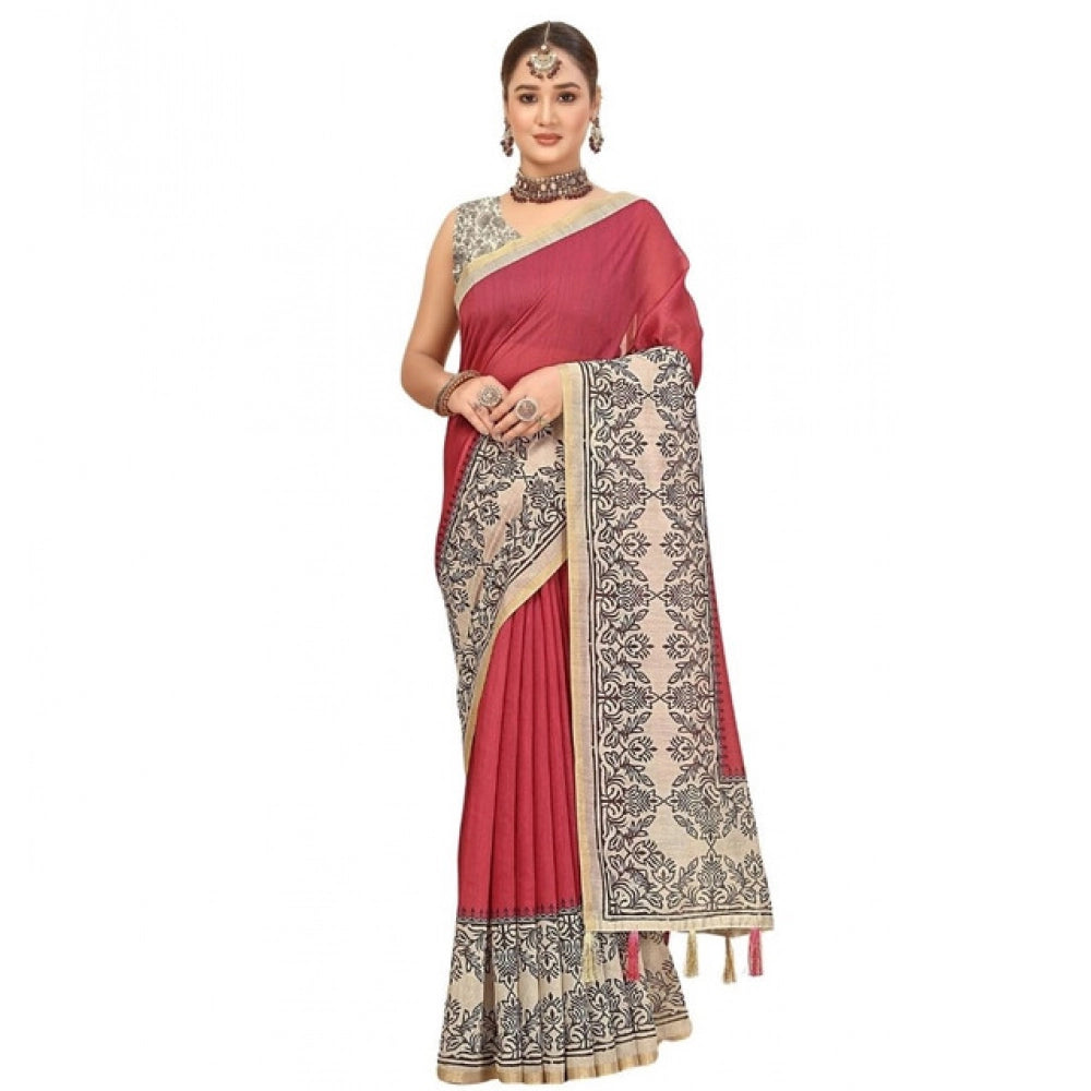 Amfyn Women's Chanderi Printed Saree With Unstitched Blouse 5.5Mtr (Pink)
