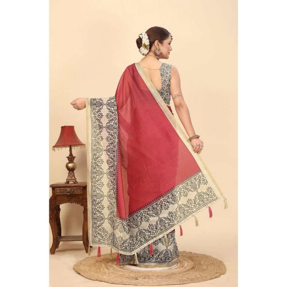 Amfyn Women's Chanderi Printed Saree With Unstitched Blouse 5.5Mtr (Pink)