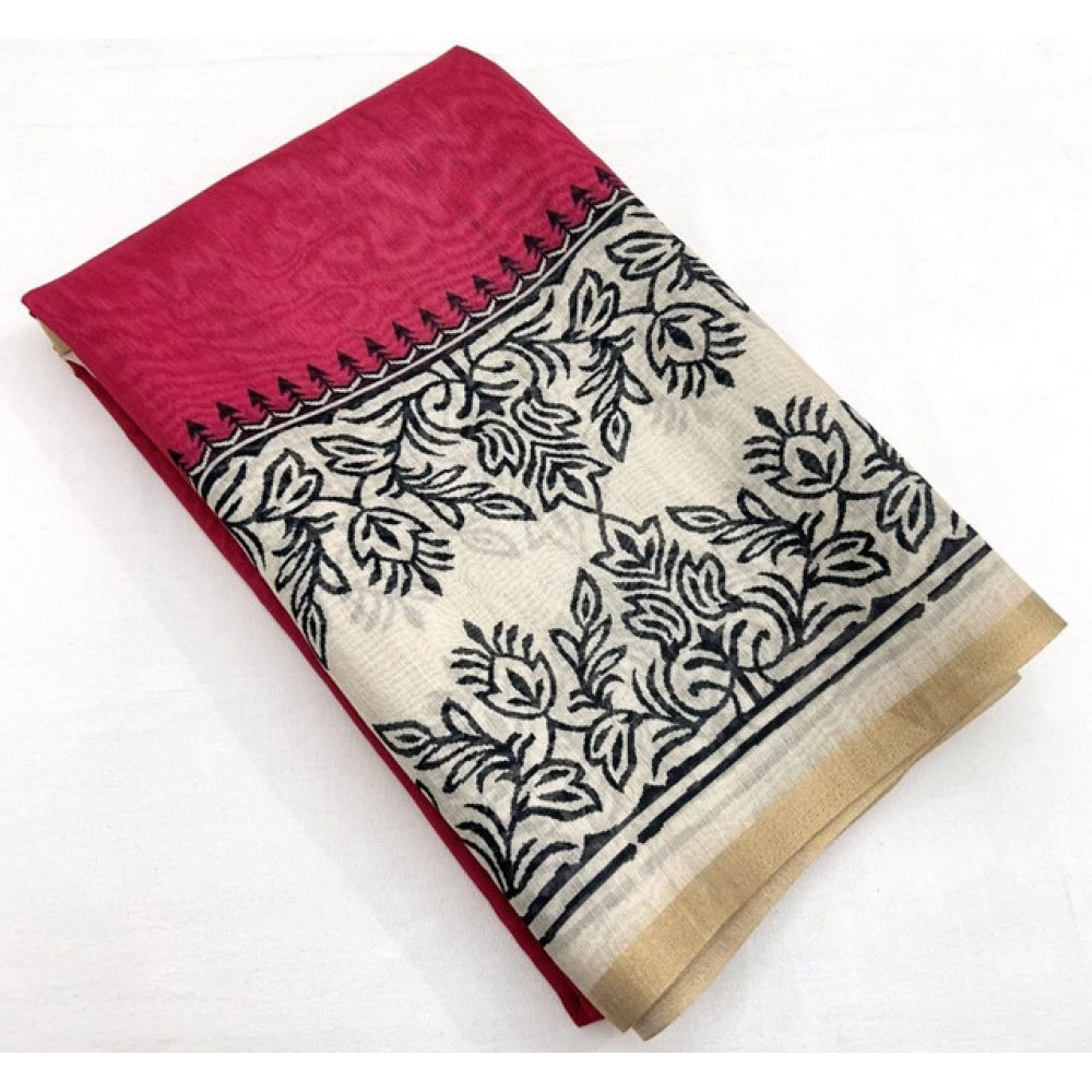 Amfyn Women's Chanderi Printed Saree With Unstitched Blouse 5.5Mtr (Pink)